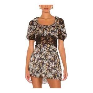 Free People Lucie Mini Brown Black Print Dress Size 10 Lace Waist NEW